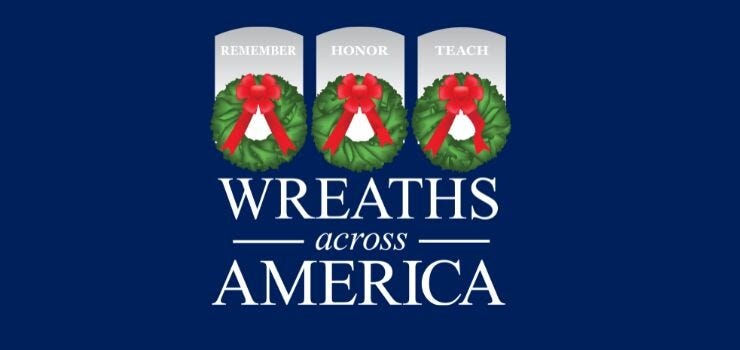 Logo for Wreaths Across America on a dark blue background, featuring three green wreaths with red bows over stylized headstones labeled “REMEMBER,” “HONOR,” and “TEACH,” with the text “WREATHS across AMERICA” below.