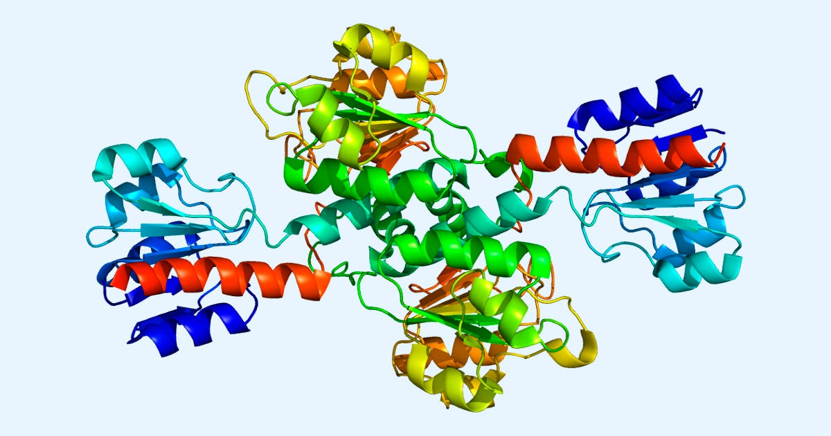 Proteína em um fundo preto, representada por uma fita contínua que acompanha o trajeto da cadeia de aminoácidos. As cores mudam gradualmente do azul para o verde, amarelo e vermelho Proteína em um fundo preto, representada por uma fita contínua que acompanha o trajeto da cadeia de aminoácidos. As cores mudam gradualmente do azul para o verde, amarelo e vermelho