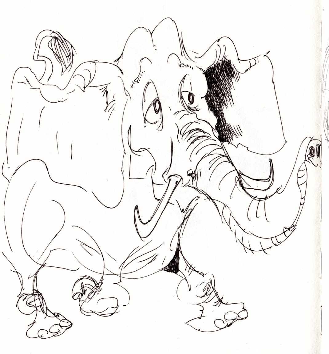 Ink sketch of a cartoon elephant.