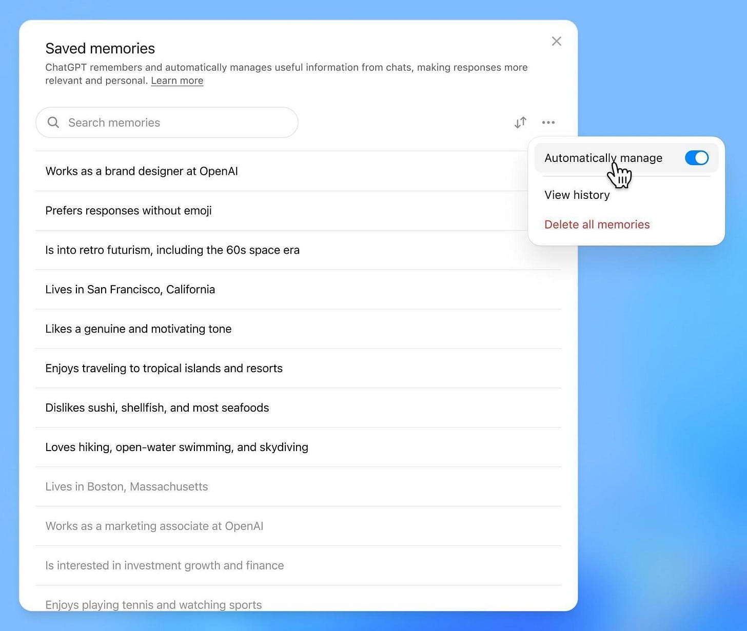 Screenshot showing ChatGPT’s memory upgrade interface. The updated memory panel displays saved user traits with new options to search, sort, and manage memories. A dropdown menu highlights ChatGPT’s improved memory control, part of its latest memory upgrade.
