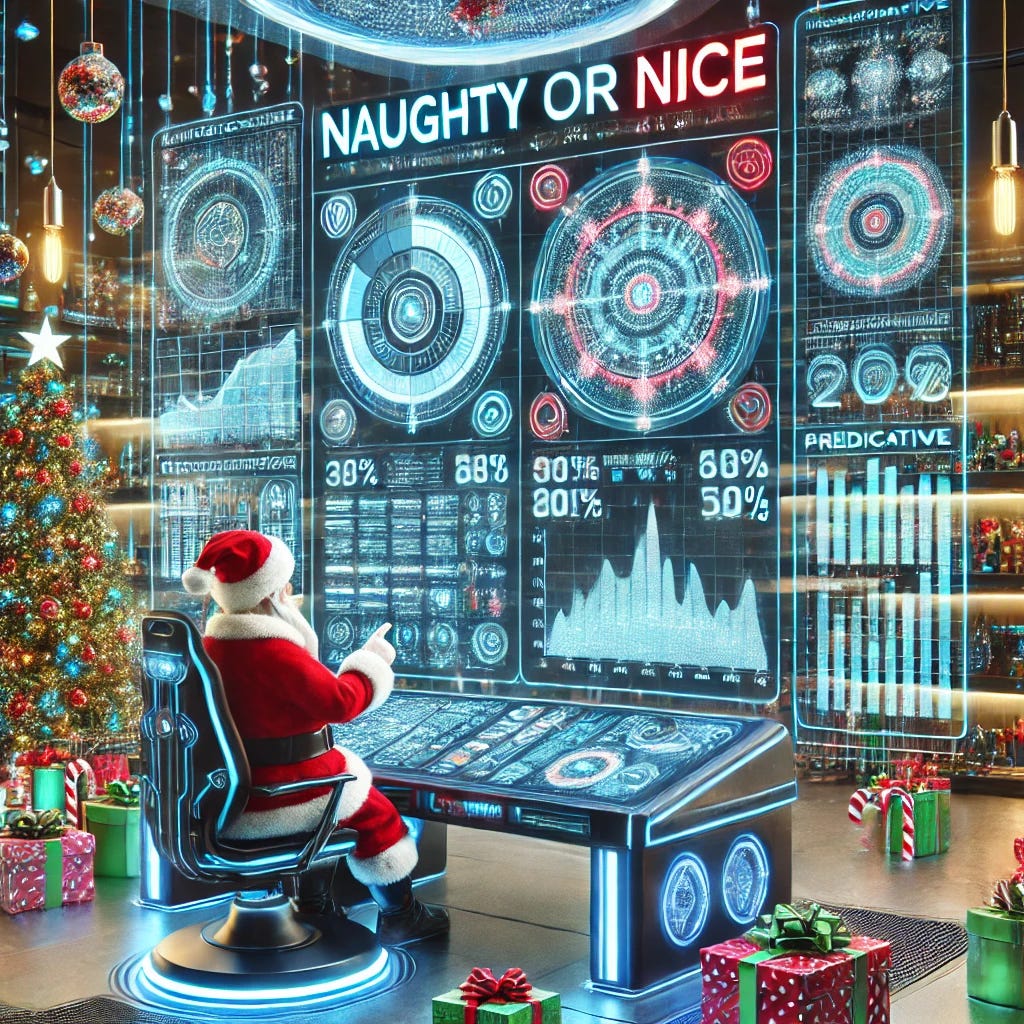 A creative depiction of AI Santa's 'Naughty or Nice' prediction model in a futuristic control center. A holographic screen displays complex data visualizations, graphs, and predictive algorithms determining 'Naughty' or 'Nice' statuses with percentages. The control center includes Santa's advanced workstation, glowing circuits, and Christmas-themed high-tech decor, like holographic candy canes and snowflakes. A robotic elf points at the screen, and the overall atmosphere merges holiday magic with cutting-edge technology.