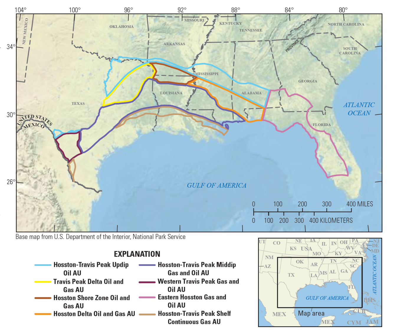 Multicolor map of the Gulf Coast showing oil and gas assessment units from the Mexican border most of the way down Florida.