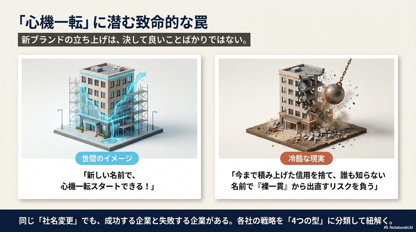 「『心機一転』に潜む致命的な罠 ― 新ブランドの立ち上げは、決して良いことばかりではない」と題した見出し画像。左の「世間のイメージ」は、青い光に包まれた建設中の真新しいビルで「新しい名前で、心機一転スタートできる!」。右の「冷酷な現実」は、鉄球で破壊される同じビルで「今まで積み上げた信用を捨て、誰も知らない名前で『裸一貫』から出直すリスクを負う」。下部に「同じ『社名変更』でも、成功する企業と失敗する企業がある。各社の戦略を『4つの型』に分類して紐解く」。 「『心機一転』に潜む致命的な罠 ― 新ブランドの立ち上げは、決して良いことばかりではない」と題した見出し画像。左の「世間のイメージ」は、青い光に包まれた建設中の真新しいビルで「新しい名前で、心機一転スタートできる!」。右の「冷酷な現実」は、鉄球で破壊される同じビルで「今まで積み上げた信用を捨て、誰も知らない名前で『裸一貫』から出直すリスクを負う」。下部に「同じ『社名変更』でも、成功する企業と失敗する企業がある。各社の戦略を『4つの型』に分類して紐解く」。