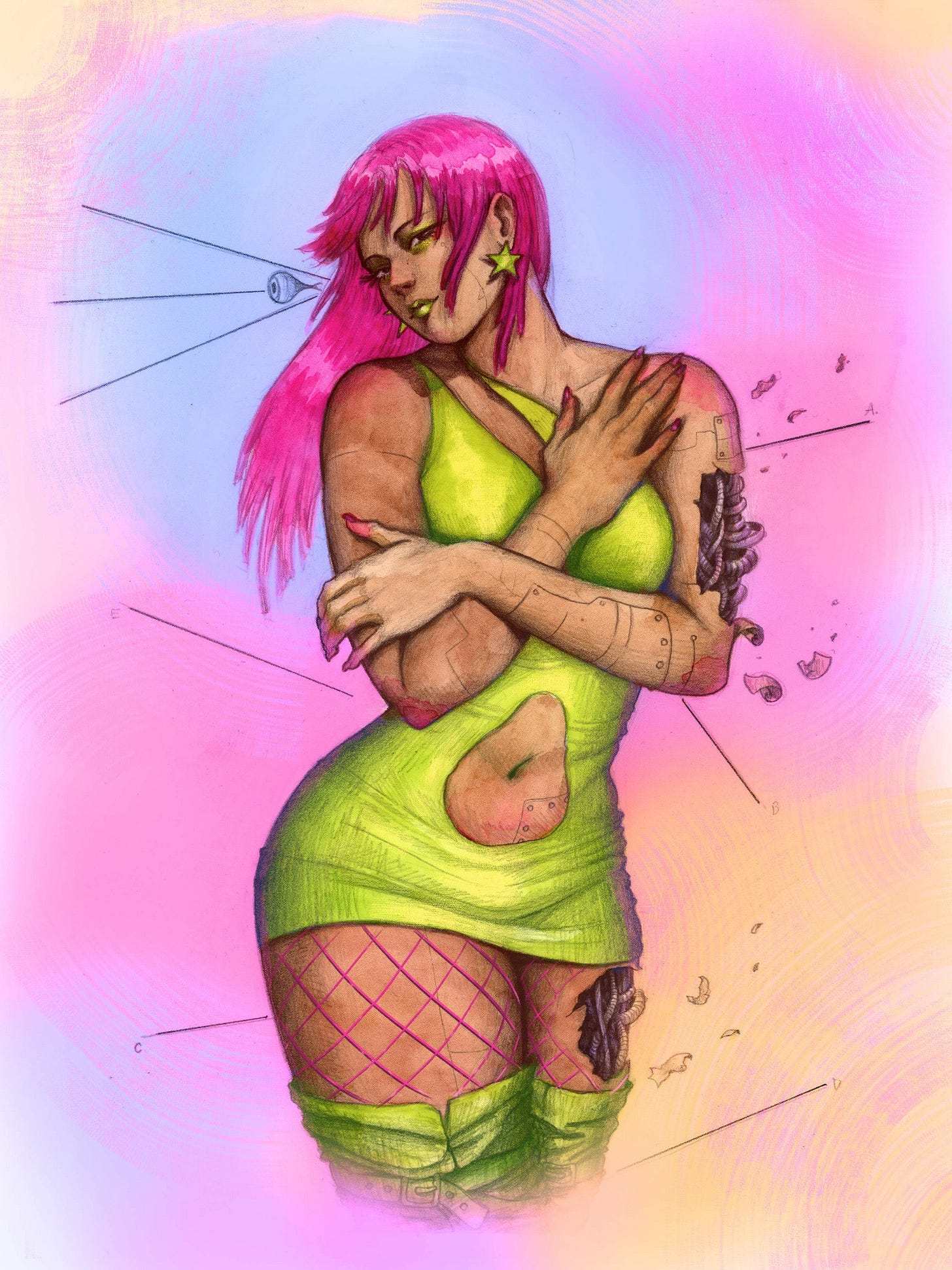Vivid color illustration of Whisper: brown skin, long pink hair, lime-green dress with a stomach-region cutout, pink fishnets, lime-green buckled boots, and exposed gears in her right arm