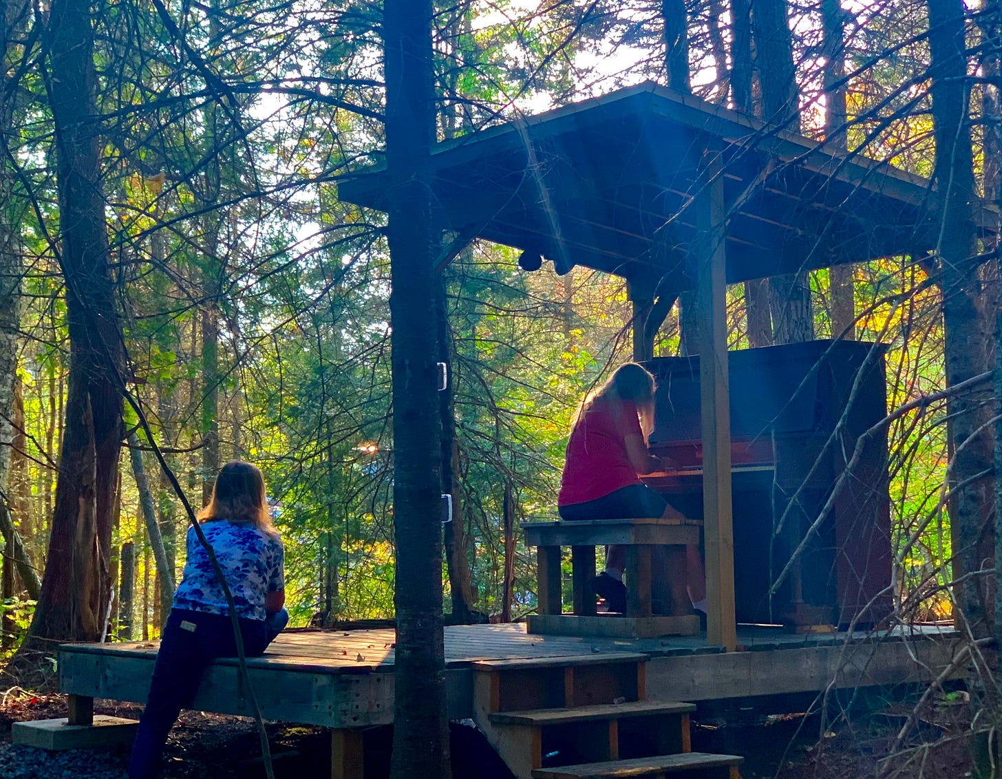 A woman wearing a red t-shirt is playing an upright piano in a forest with sunlight streaming in. The piano is mounted on a deck platform with a partial slanted roof overhead. A woman looks on from the edge of the deck.