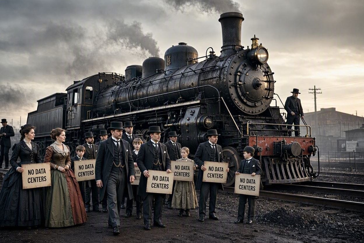 create an image of a steam engine with people dresed in gilden age clothing holding signs that say "NO DATA CENTERS"
