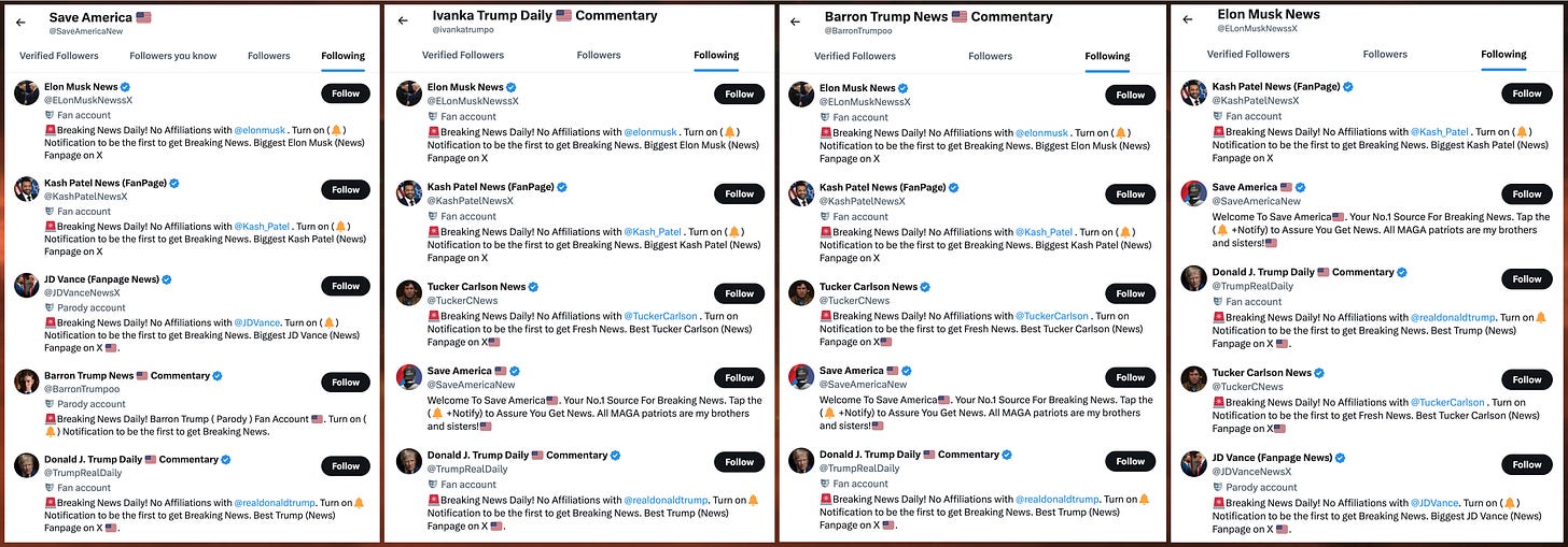screenshots of the accounts followed by several of the spam accounts, showing other members of the network screenshots of the accounts followed by several of the spam accounts, showing other members of the network