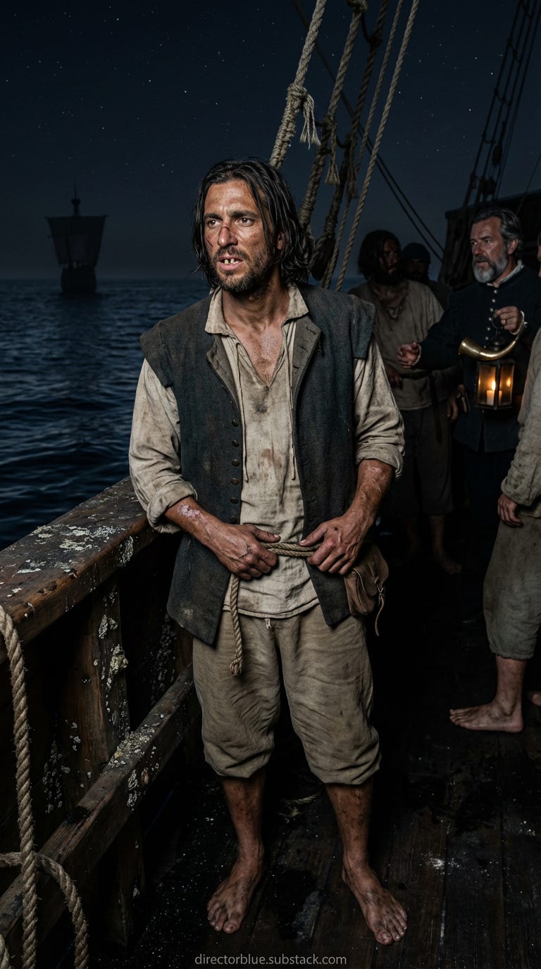 same subject next image IMAGE PROMPT FOR HISTORIC REENACTMENT EDUCATIONAL SERIES (Columbus Reaches the Americas) (1492)  916 verticalportrait format  photographic hyper-realistic reenactment gritty realism historically accurate night-at-sea _image_1