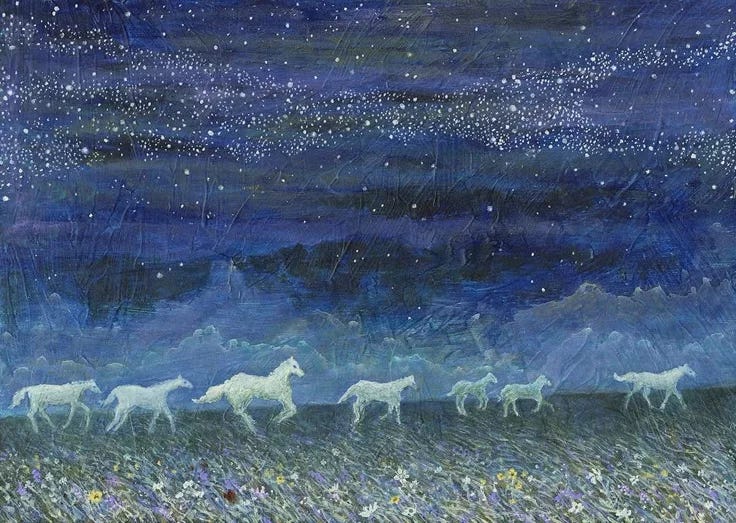 This may contain: a painting of horses running through the night sky with stars in the sky above them