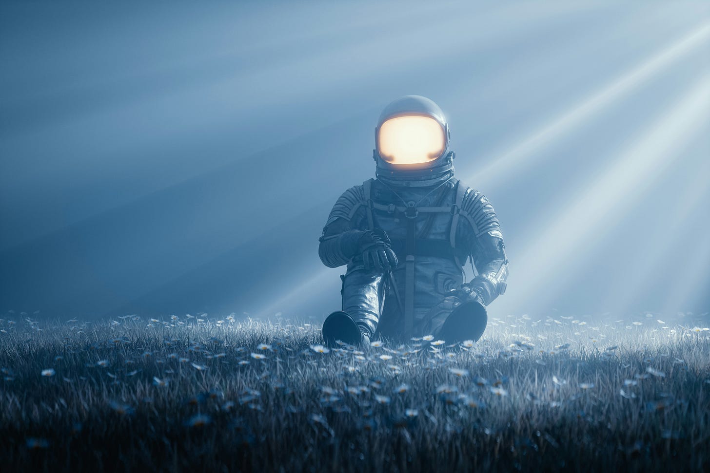 An astronaut istting in a field with light glowing inside of their helmet.