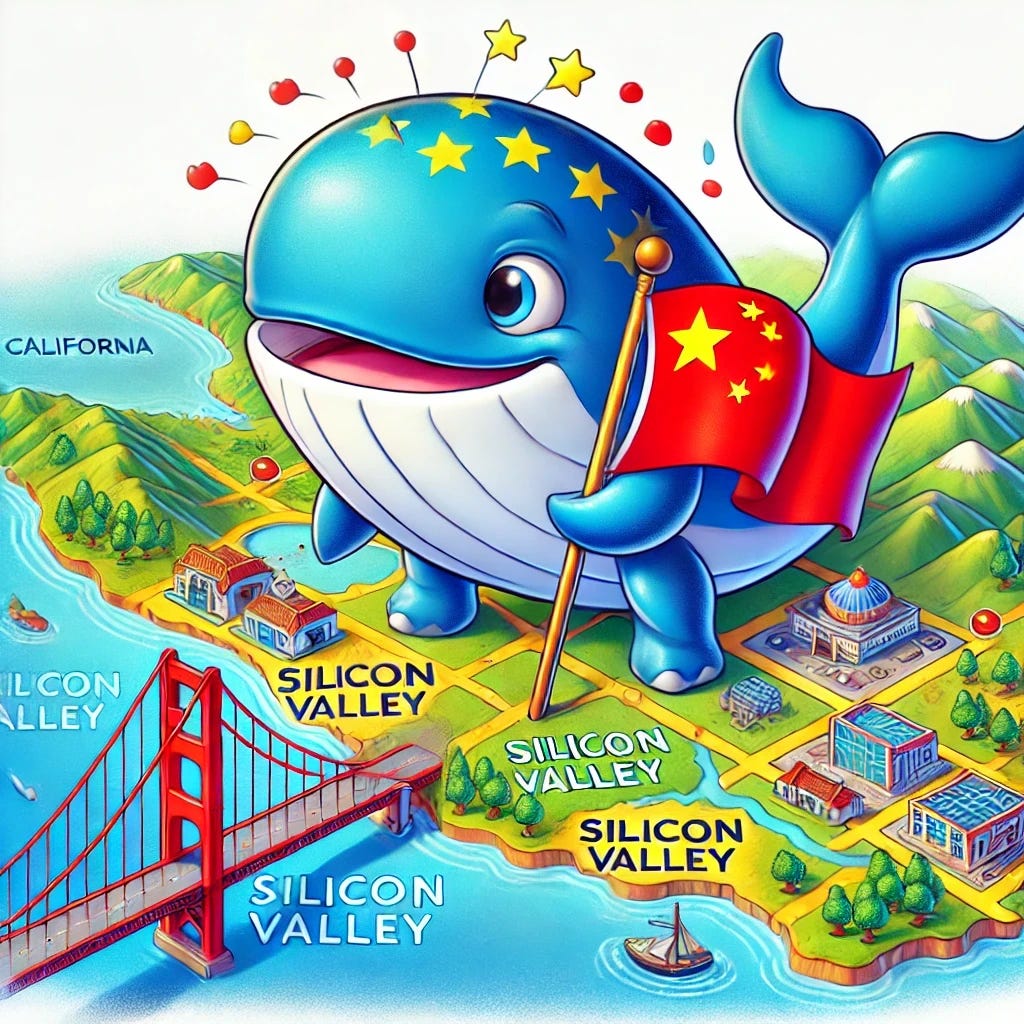 A playful cartoon illustration of a blue whale standing on its tail, interacting with a large map of California, specifically targeting Silicon Valley. The map is colorful and detailed, with landmarks like the Golden Gate Bridge and Silicon Valley highlighted. The whale is anthropomorphized, smiling and cheerful, with a humorous and exaggerated style. The scene is vibrant and lighthearted, without any flags or political symbols.