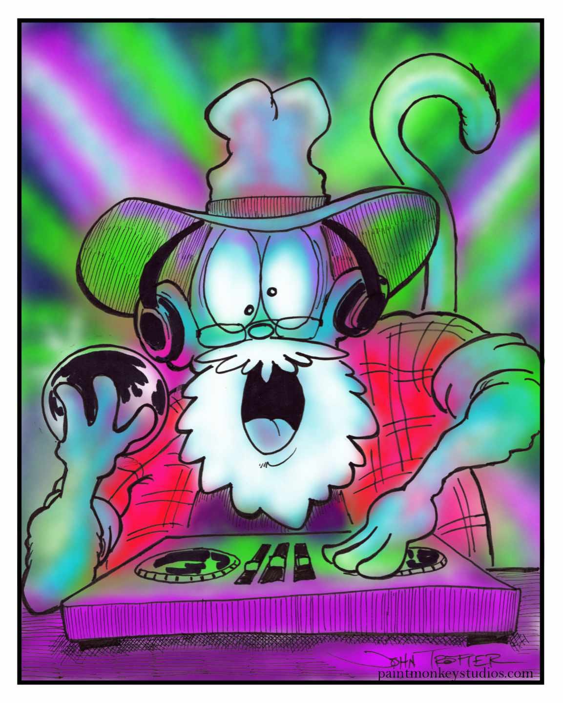 Ink and digital cartoon of the Paintmonkey as a DJ.
