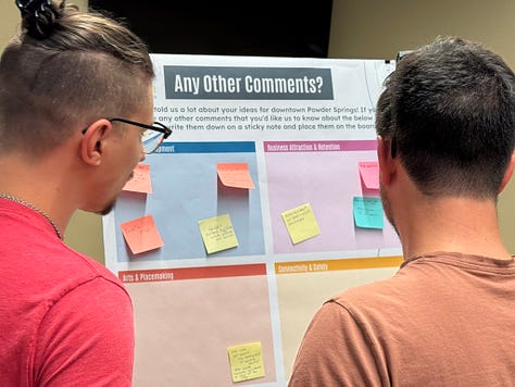 Photos of attendees at the 7-14-25 Powder Springs' Livable Centers Initiative (LCI) Plan Kick-off Meeting, with attendees submitting on sticky notes or other items ideas for the City of Powder Springs.