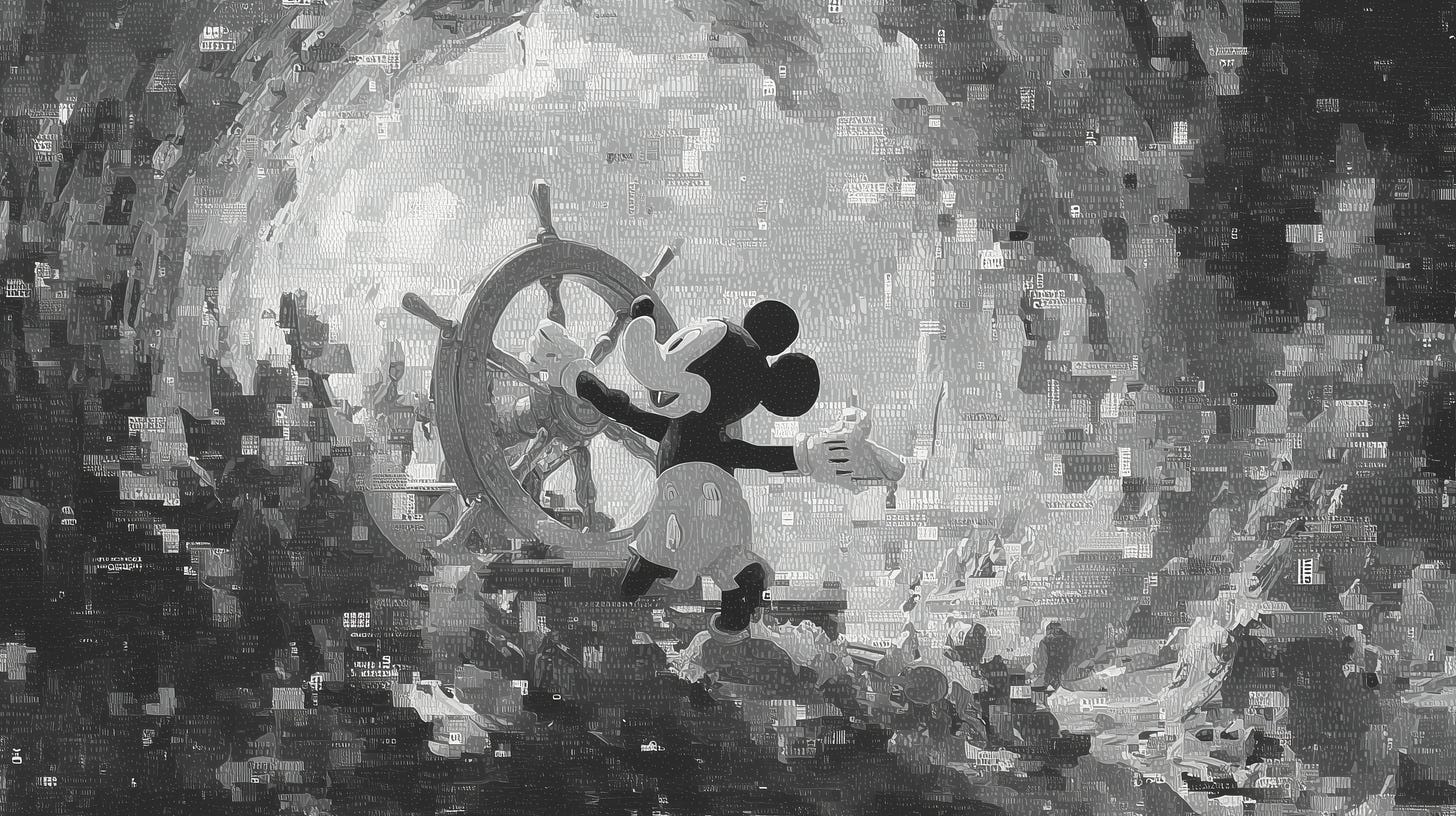 Black-and-white illustration of Steamboat Willie steering a ship’s wheel, overlaid with digital code textures, symbolizing the 1928 cartoon entering the public domain and its collision with modern AI technology.