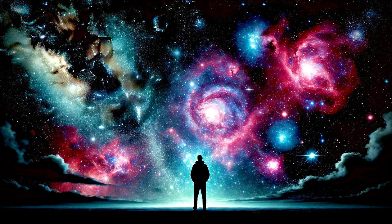 Image of person standing beneath the stars / created by author in Dream app Image of person standing beneath the stars / created by author in Dream app