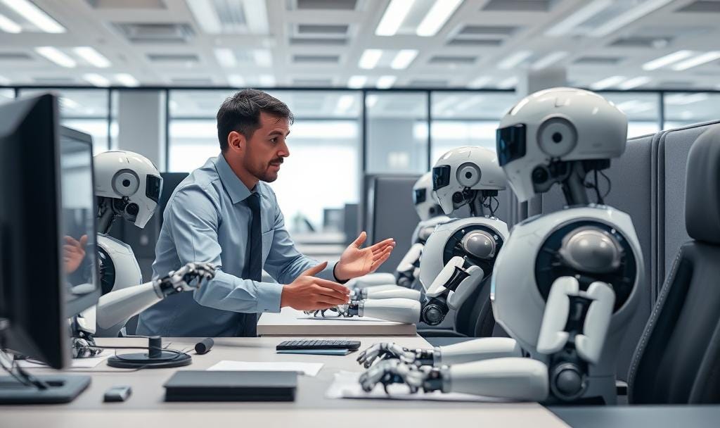 A human manager in an office environment giving orders to robot workers.