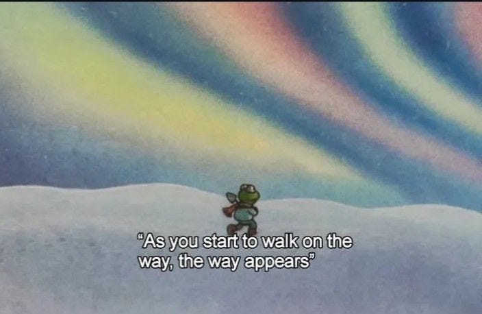 This may contain: a cartoon character walking in the snow with a rainbow colored sky behind him and a quote written on it This may contain: a cartoon character walking in the snow with a rainbow colored sky behind him and a quote written on it