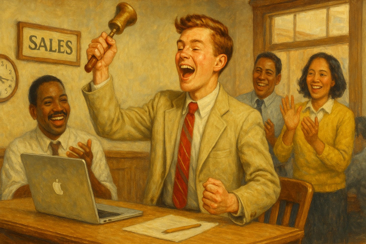 A Norman Rockwell-style painting of a young, diverse sales team celebrating a successful sale in a warm, vintage office. The smiling salesman rings a brass bell by its wooden handle as coworkers of different backgrounds clap and cheer around a desk with a laptop.