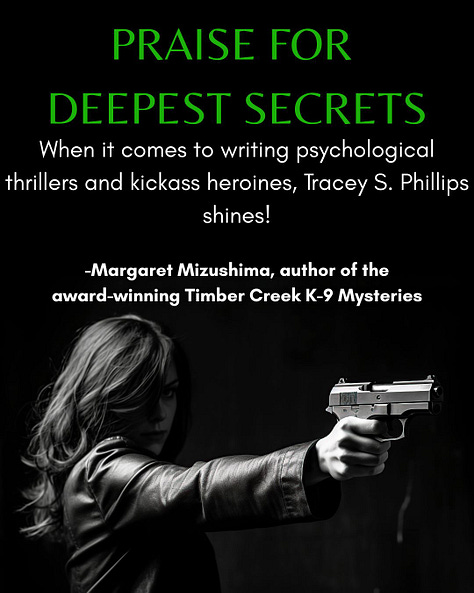 Book cover of Deepest Secrets and an image of a woman with a gun.