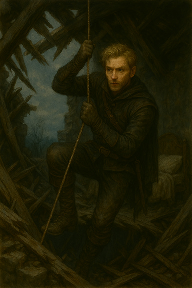 Greegan, a wiry rogue with tousled blond hair and sharp, alert eyes, climbs into a collapsed bedroom. He wears dark, weathered leathers fitted for stealth, with buckled bracers and a rope coiled at his belt. He grips a dangling rope as he lowers himself through a broken section of floor, moonlight streaming through shattered beams above. The ruined bedroom below is filled with splintered wood, fallen stone, and the remnants of a shattered bedframe. Dust drifts in the air, illuminated by the pale light. The atmosphere is tense, shadowed, and full of quiet danger. Greegan, a wiry rogue with tousled blond hair and sharp, alert eyes, climbs into a collapsed bedroom. He wears dark, weathered leathers fitted for stealth, with buckled bracers and a rope coiled at his belt. He grips a dangling rope as he lowers himself through a broken section of floor, moonlight streaming through shattered beams above. The ruined bedroom below is filled with splintered wood, fallen stone, and the remnants of a shattered bedframe. Dust drifts in the air, illuminated by the pale light. The atmosphere is tense, shadowed, and full of quiet danger.