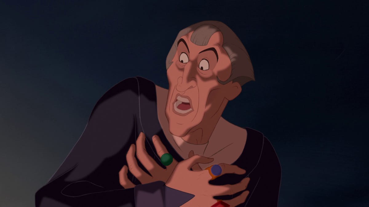 Judge Claude Frollo's lust for Esmeralda sets off a hellish chain of events in Disney's 1996 animated adaptation of "The Hunchback of Notre Dame"