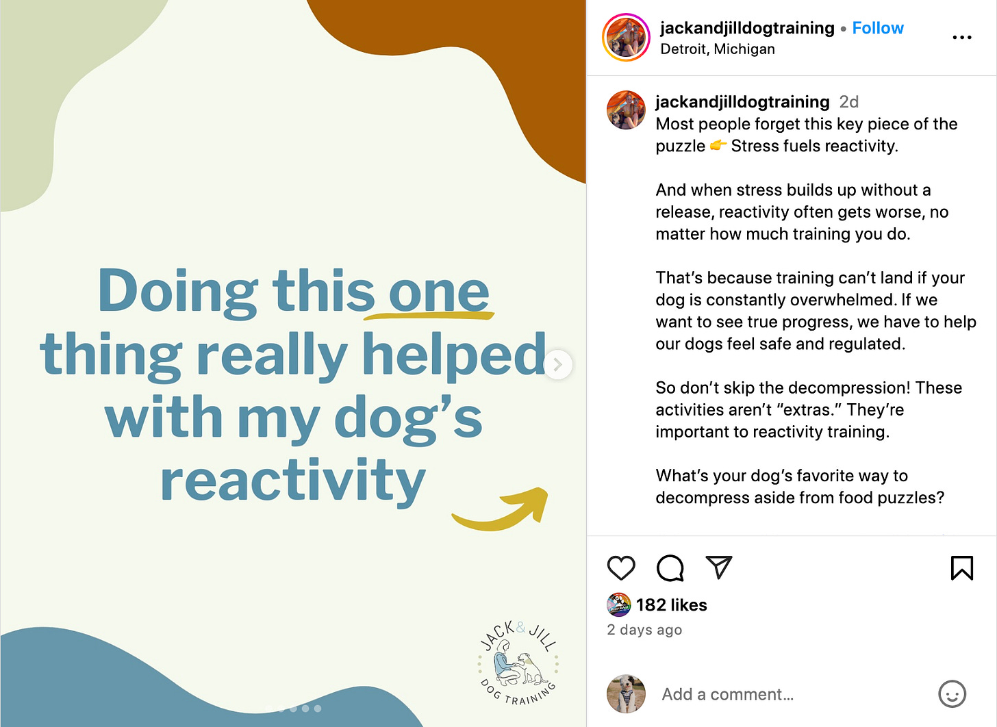 post from Jackandjilldogtraining about how doing this one thing helped with their dog's reactivity