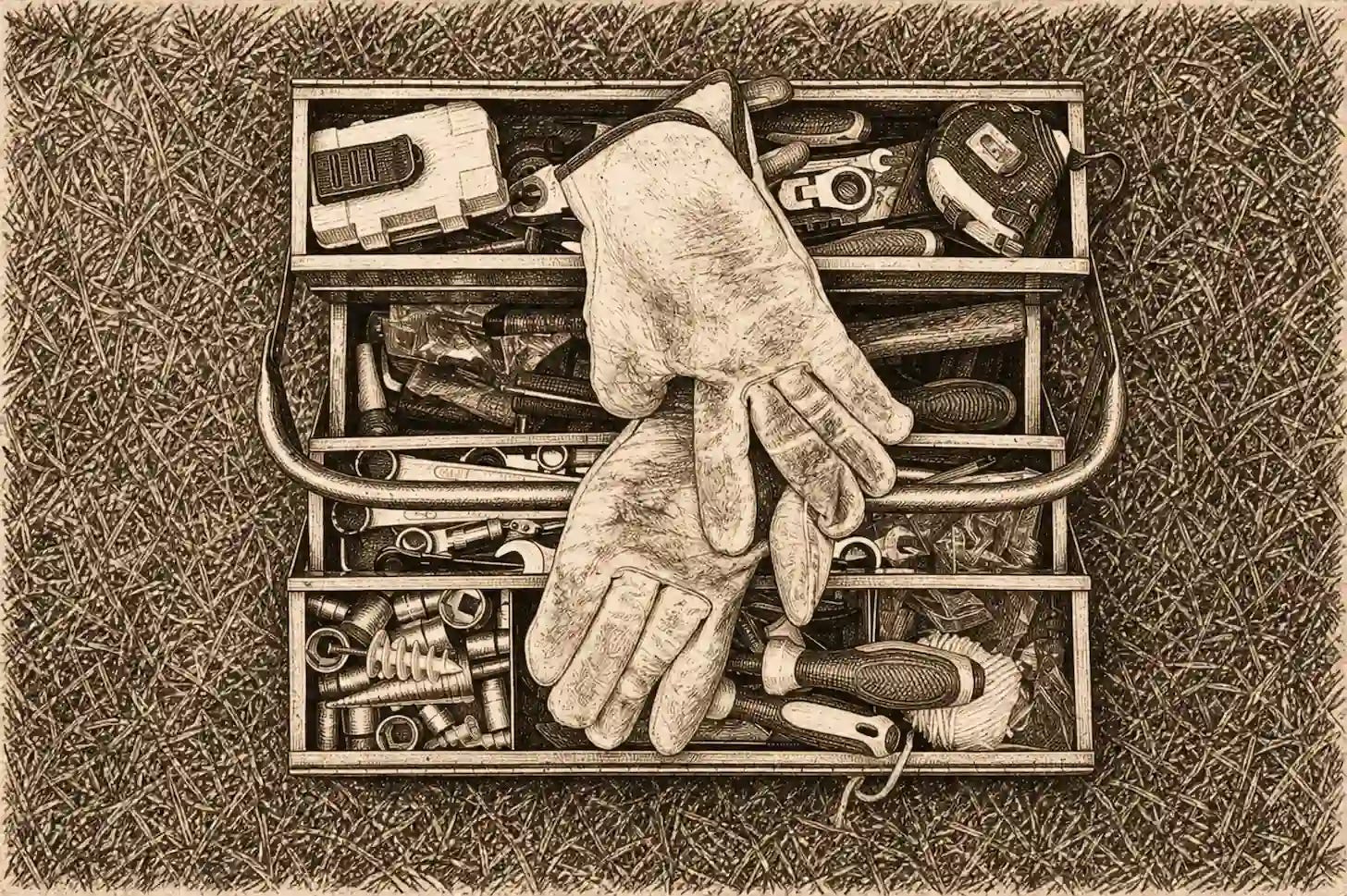 nicely organized home service pro technician toolbox on ground with gloves