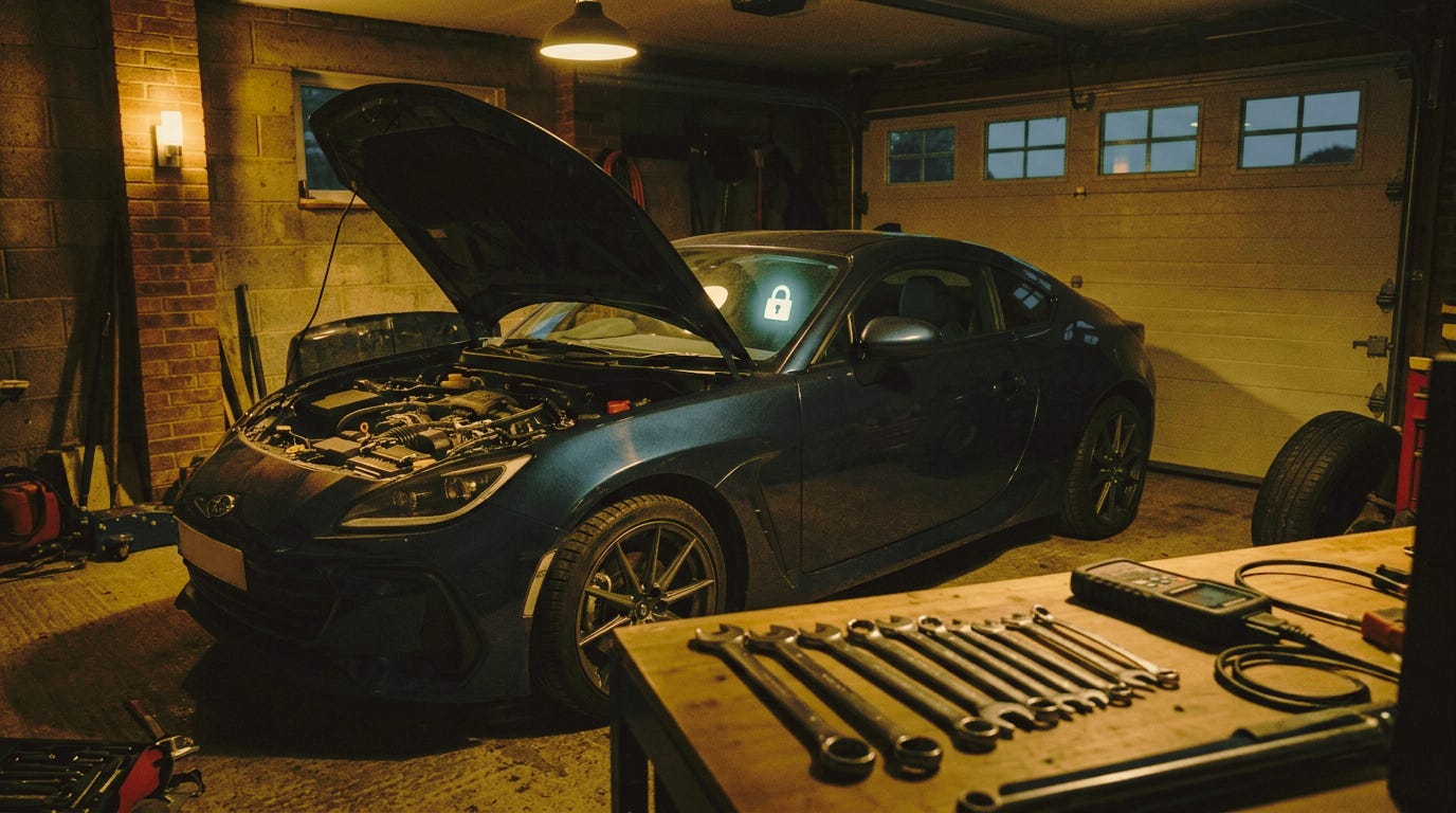 Dark blue sports car with open hood being serviced in dimly lit garage Dark blue sports car with open hood being serviced in dimly lit garage