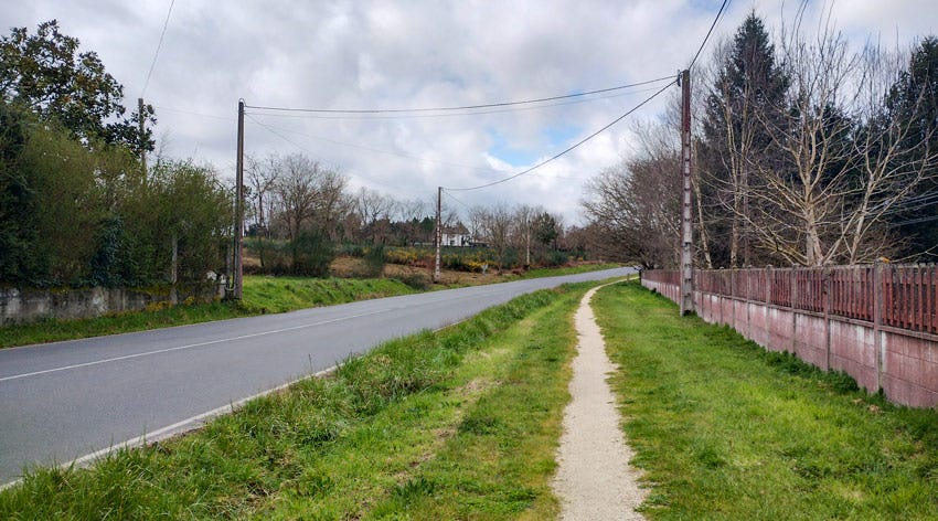 Sendero en un lateral de la carretera LU-P-2901, en el Camino Primitivo