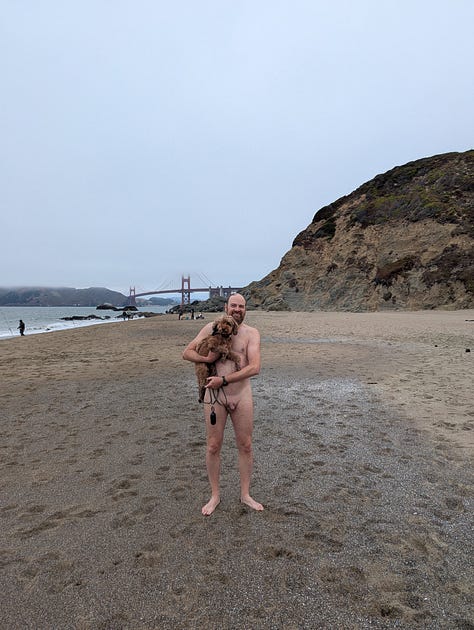 Albert and Anita swim among lily pads in the Netherlands; Dave stands nude on Baker Beach holding his dog with the Golden Gate Bridge in the distance; Jacob wades in at Denny Blaine; James walks out of the water wearing sunglasses; Craig stands naked at the helm of a boat under a red canopy.
