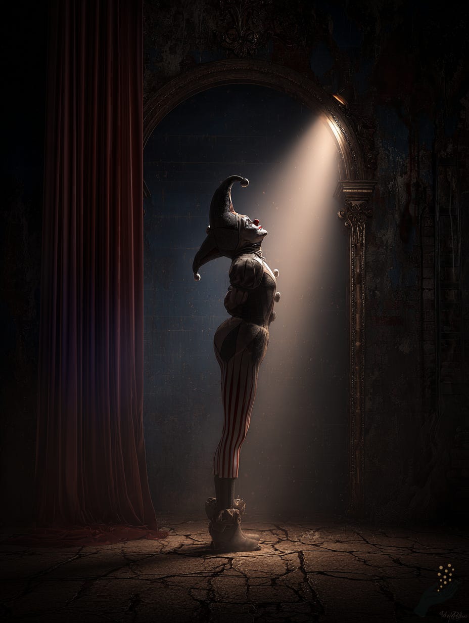 Stylized surreal image of a female silhouette standing under a narrow beam of light in a dark arched interior.