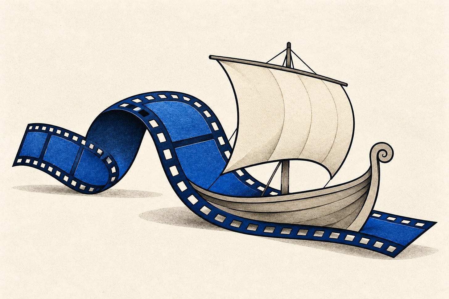 An ivory sailing boat rests on a curling cobalt filmstrip.