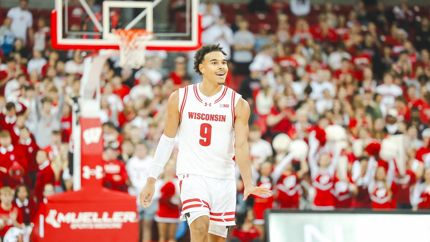 Wisconsin Badgers guard John Tonje celebrates after a made basket