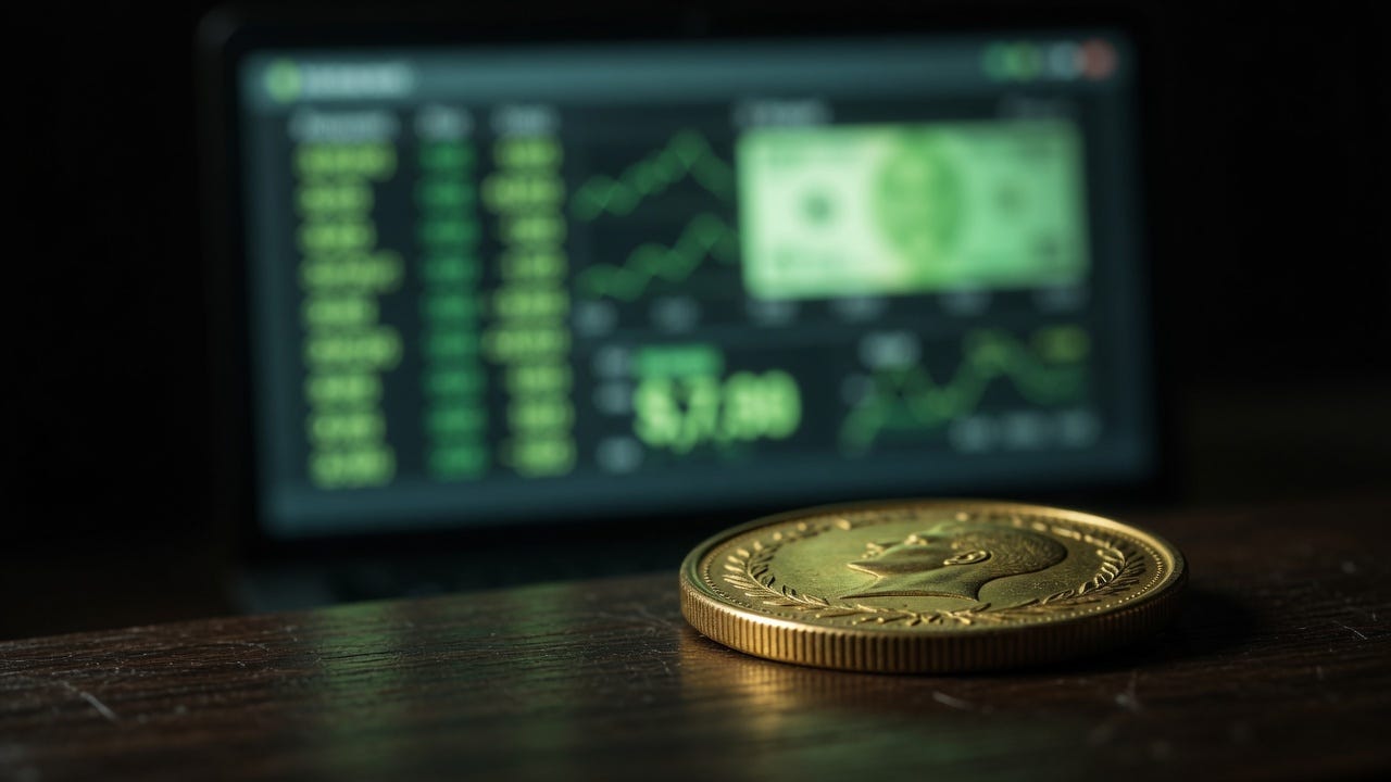 Gold coin on wooden surface with stock market trading screen in background