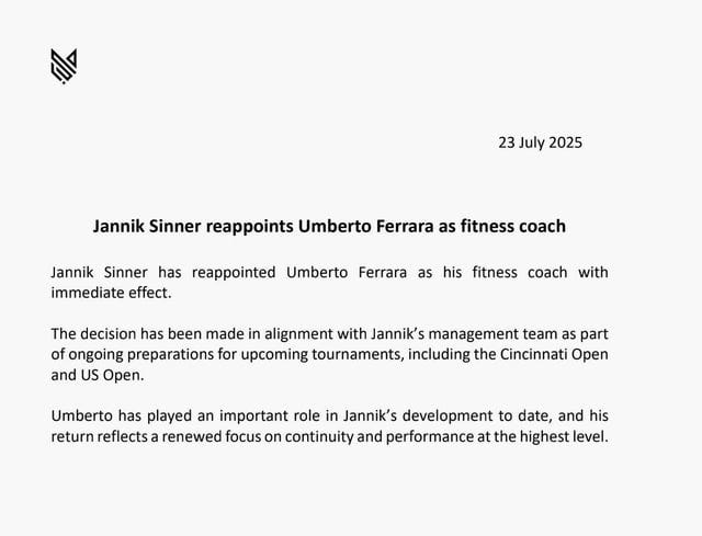 r/tennis - Sinner Reappoints Umberto Ferrara as His Fitness Coach