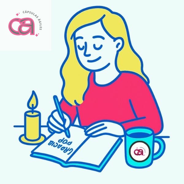 Ilustración de Raquel Mas escribiendo “Gracias por…” en su ritual matutino de gratitud, con fondo blanco y colores vibrantes. Representa calma y energía interior.