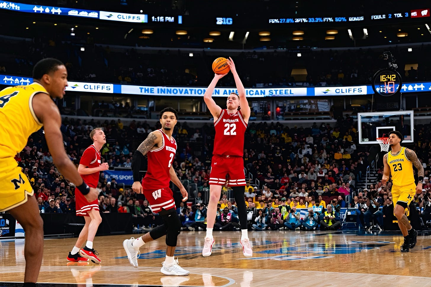 Wisconsin forward Austin Rapp attempts a 3-pointer against Michigan during the Big Ten Tournament semifinals. Wisconsin forward Austin Rapp attempts a 3-pointer against Michigan during the Big Ten Tournament semifinals.