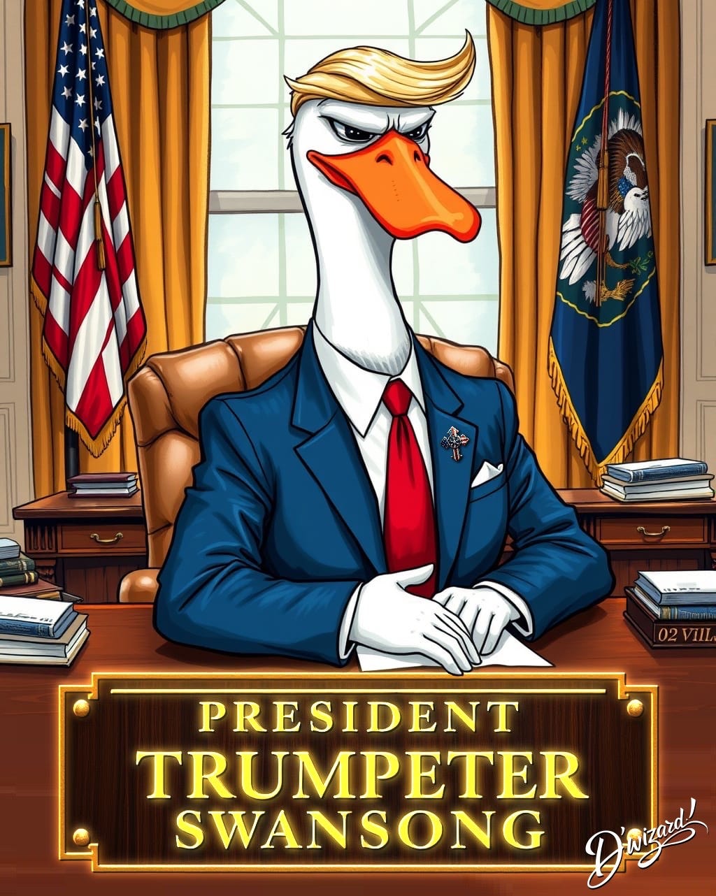 UNIMERICAN CEO PRESIDENT TRUMPETER SWANSONG SITS AT HIS HOLLABACK DESK IN THE OFFAL OFFICE OF THE NOT-QUITE-WHITE HOUSE UNIMERICAN CEO PRESIDENT TRUMPETER SWANSONG SITS AT HIS HOLLABACK DESK IN THE OFFAL OFFICE OF THE NOT-QUITE-WHITE HOUSE