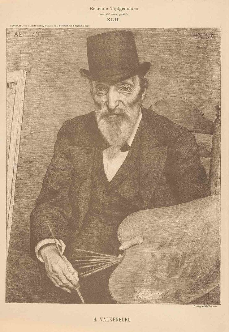 Een portret van kunstenaar Hendrik Valkenburg, door Ferdinand Hart Nibbrig voor de serie 'Bekende tijdgenoten' (herkomst: coll. Rijksmuseum Amsterdam)