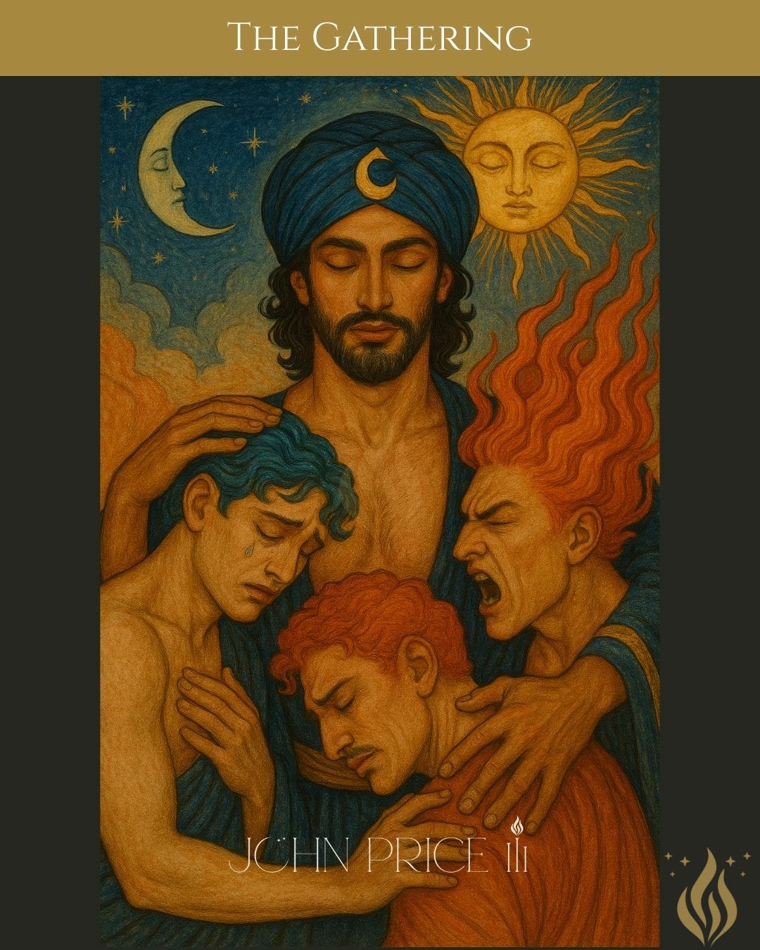 A serene, mystical scene of four men embraced in a tender, protective circle. At the center, a calm, bearded figure in a blue turban with a crescent moon symbol holds three younger men close. One weeps softly, one collapses inward in exhaustion, and one burns with red, fiery emotion. Behind them, the sun and moon watch over the moment, symbolizing wholeness, unity, and the sacred act of gathering all parts of oneself.