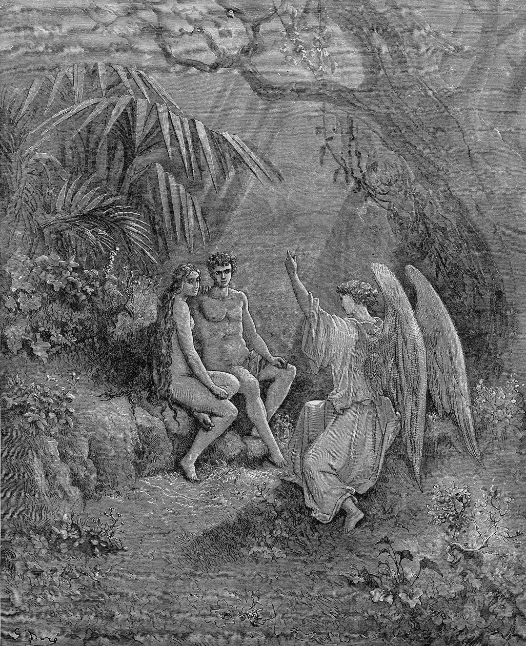 Raphael talks to Adam and Eve. Illustration for John Milton's Paradise Lost,  1866