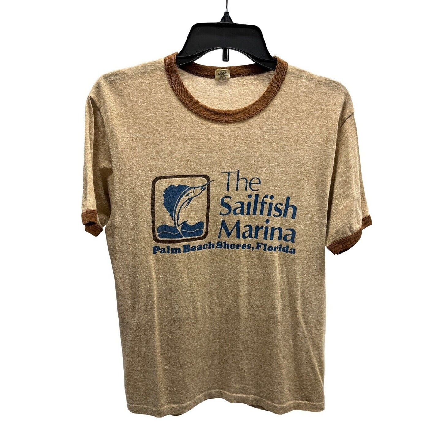 VINTAGE 70s Sailfish Marina Palm Beach Shores Florida Hanes Ringer T-Shirt Large - Picture 1 of 3