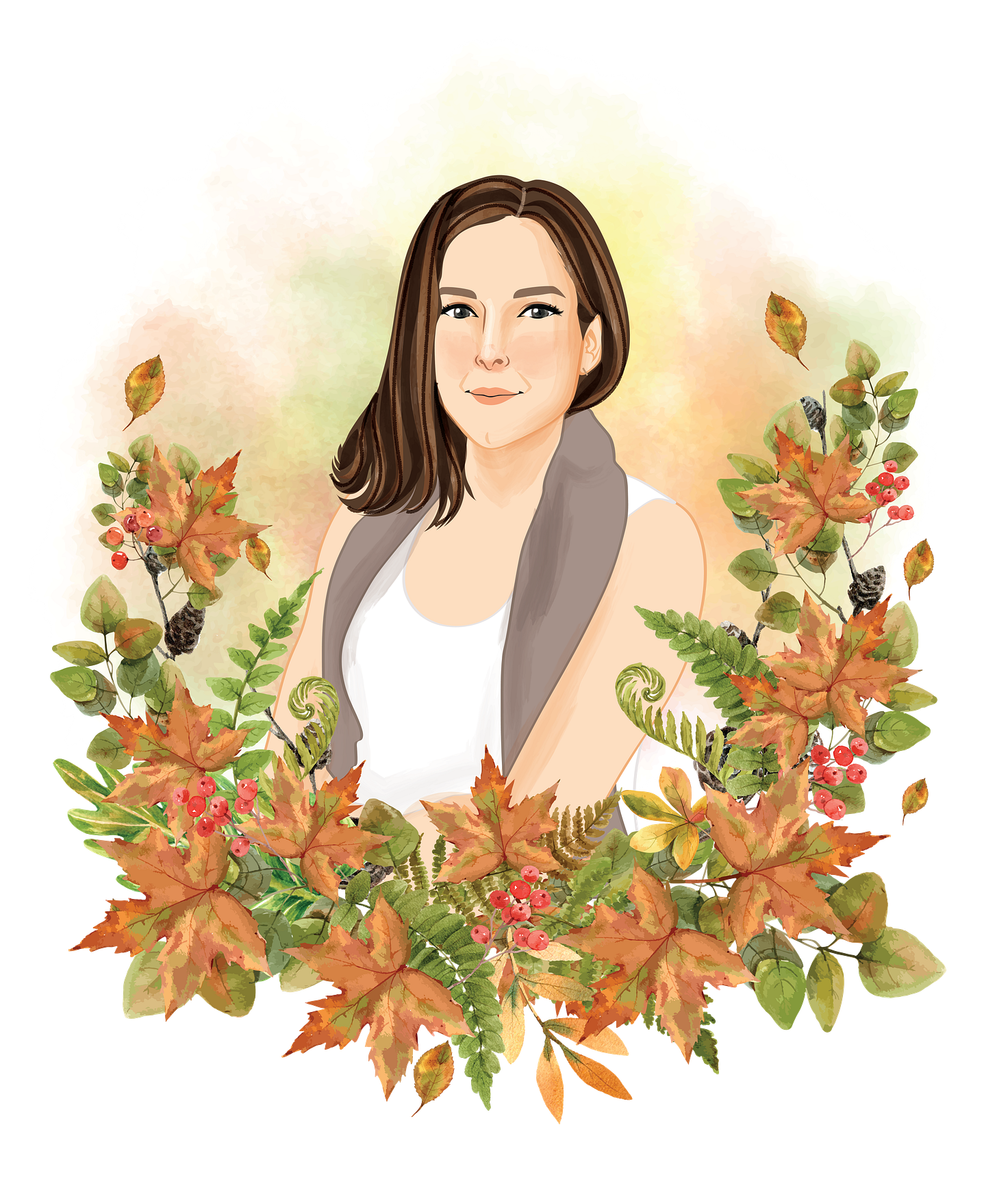 Illustration of woman with Canadian foliage framing portrait Illustration of woman with Canadian foliage framing portrait