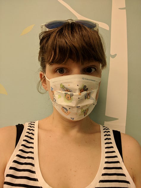 Three pictures of Katie wearing a mask from 2013-2018