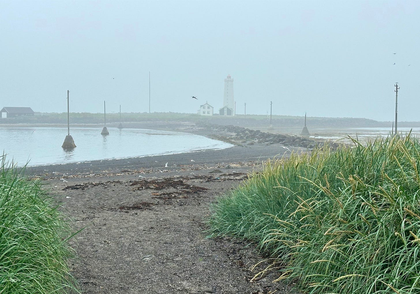 View of Grótta Island Lighthouse from the trail - on a foggy, rainy morning