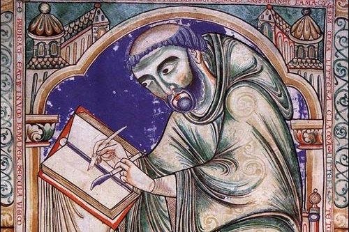 This illustration shows a Medieval monk writing in a book ... This illustration shows a Medieval monk writing in a book ...