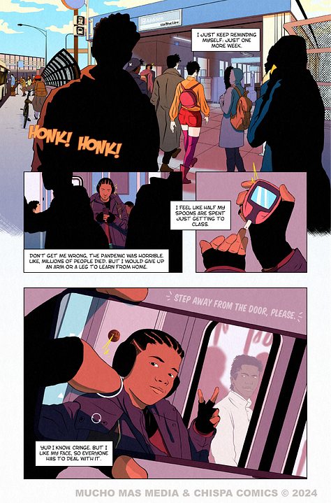 Cover and preview pages of Gila Girl #1. Character taking their insulin on a Chicago train. High Schoolers walking out in solidarity of trans people. 