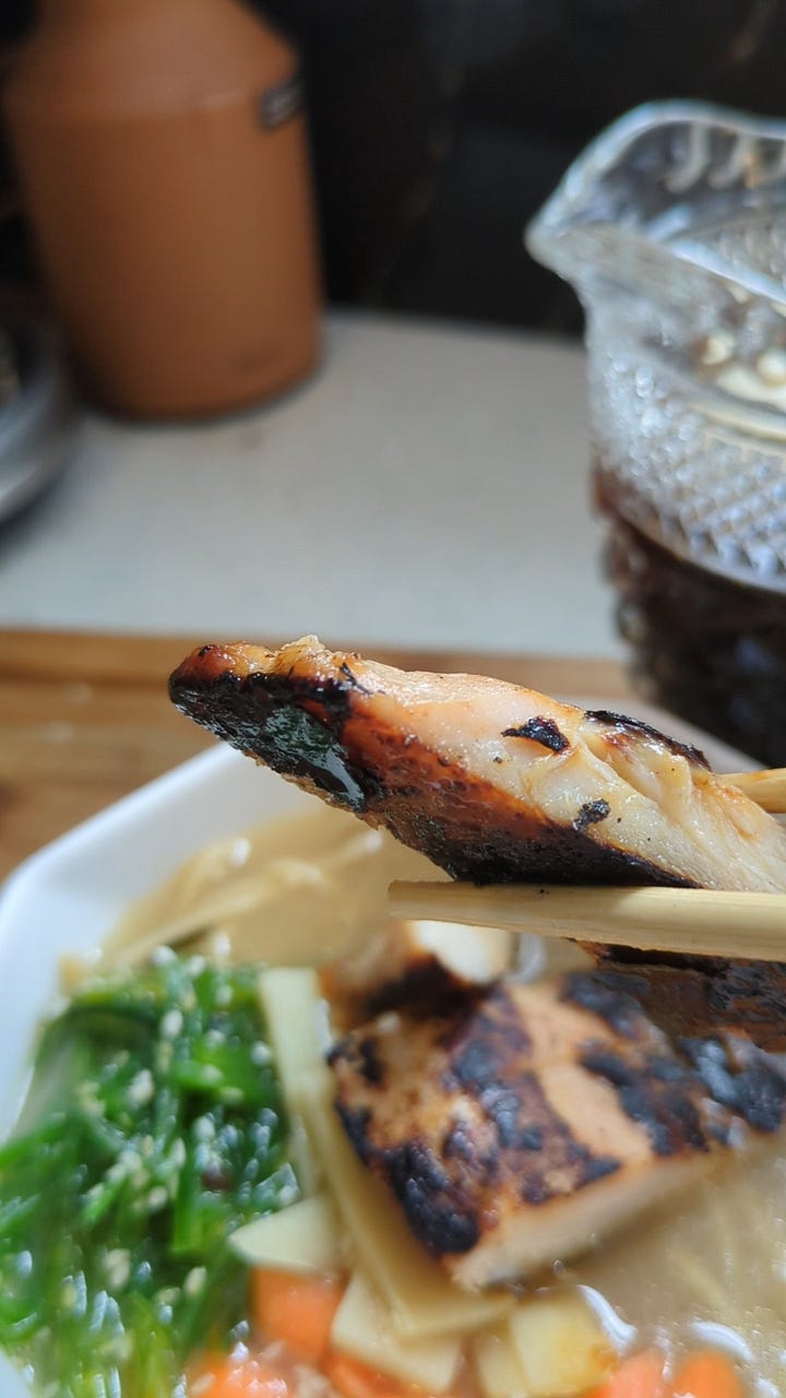 Ramen tare, broth, noodles and toppings.