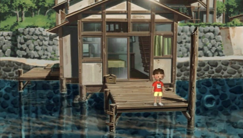 A child stands on a wooden dock, overlooking crystal-clear water in the PS2 game Boku No Natsuyasumi 2 A child stands on a wooden dock, overlooking crystal-clear water in the PS2 game Boku No Natsuyasumi 2