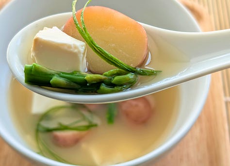 Gallery of three spring miso soup variations: asparagus, potato, and spring onion; rhubarb, shiitake, and spinach; snap peas, baby carrots, and radish.